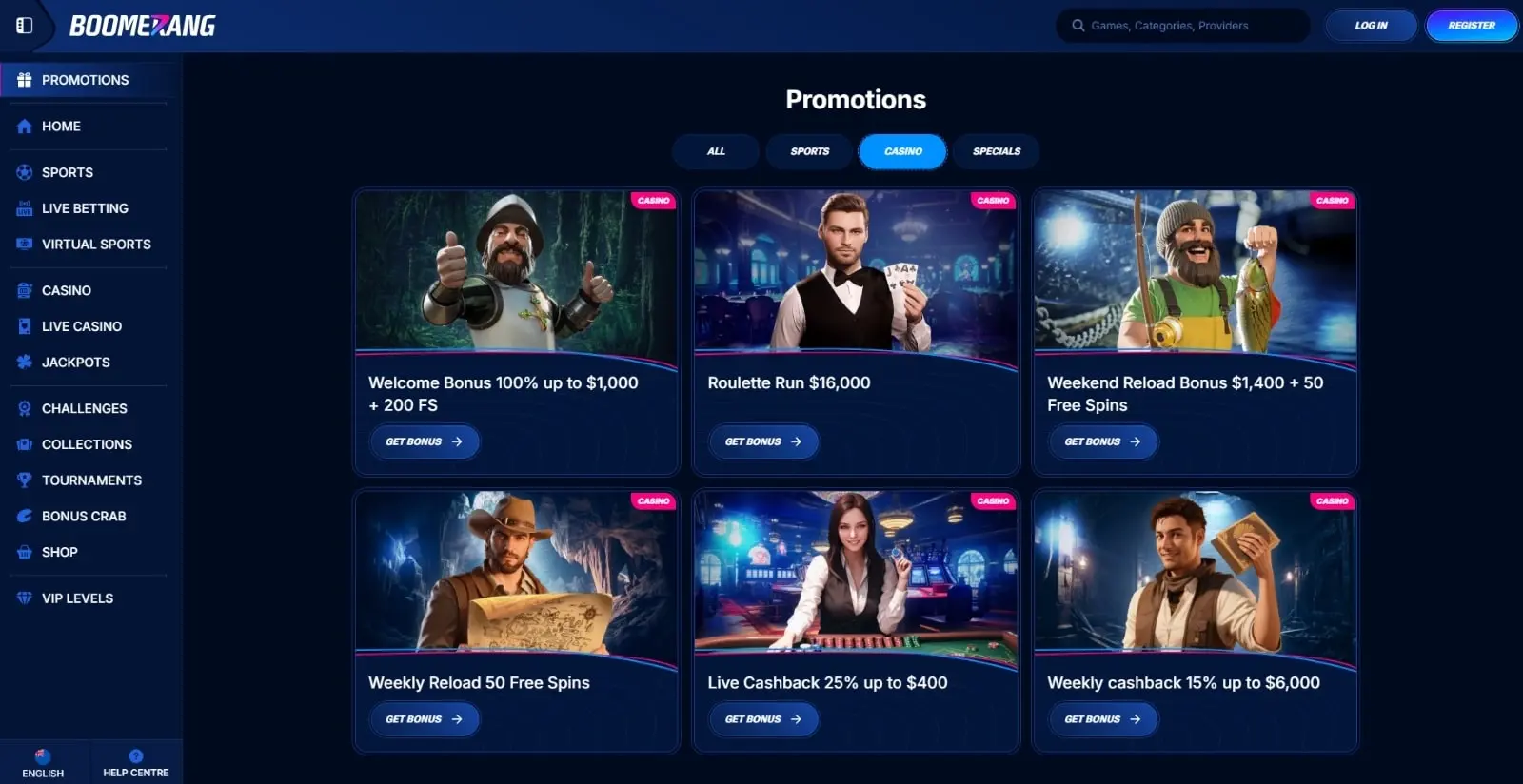 Screenshot dell'interfaccia e dei tornei di Boomerang Casino in alta risoluzione (1400px)