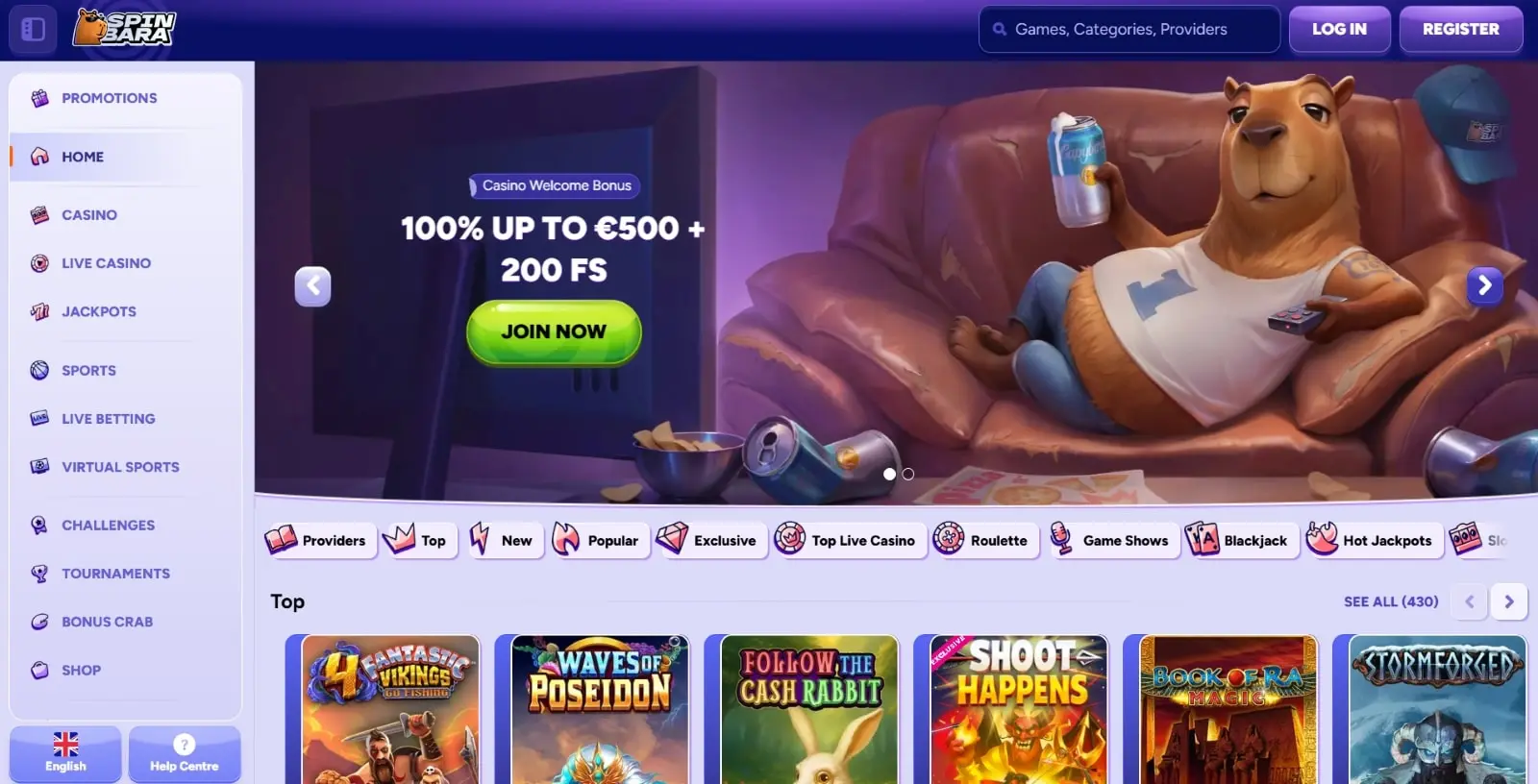 Screenshot della lobby e delle slot di Spinbara Casino in alta risoluzione (1400px)